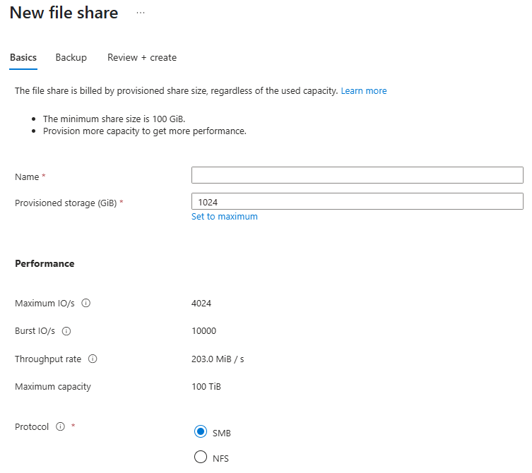 A screenshot of the basics tab in the new file share blade (provisioned v1).