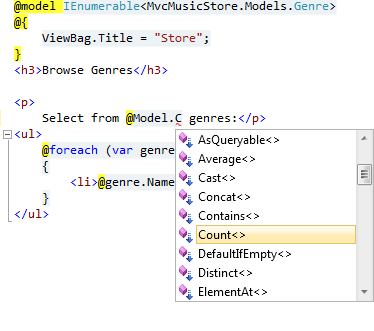 Screenshot of H T M L code snippet, with a menu bar over it, selecting the 'count < >' command.