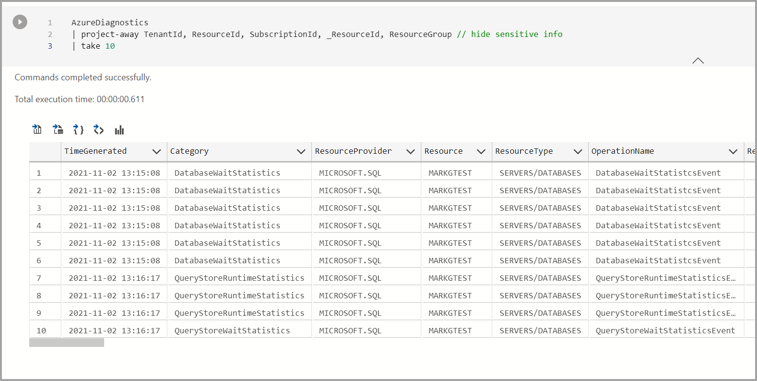 azure diagnostics code cell results