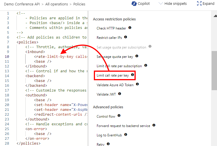 Screenshot of inserting limit call rate per key policy in the portal.