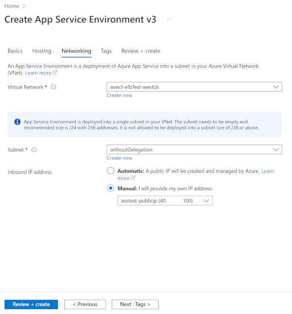 Screenshot that shows App Service Environment networking (ASE External) selections.