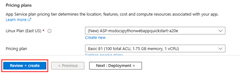 A screenshot of the location of the Review plus Create button in the Azure portal.