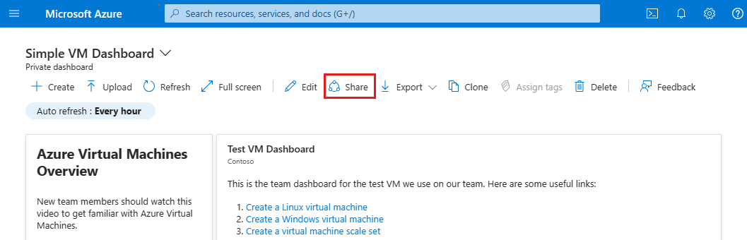 Screenshot showing the Share option for an Azure portal dashboard.