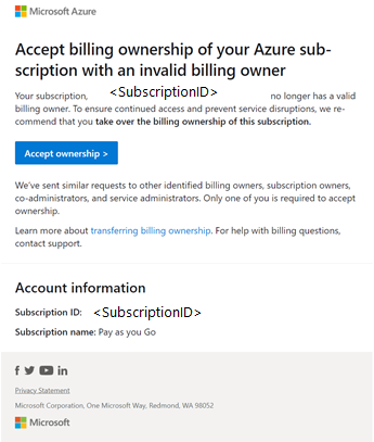 Screenshot showing an example email to accept billing ownership.