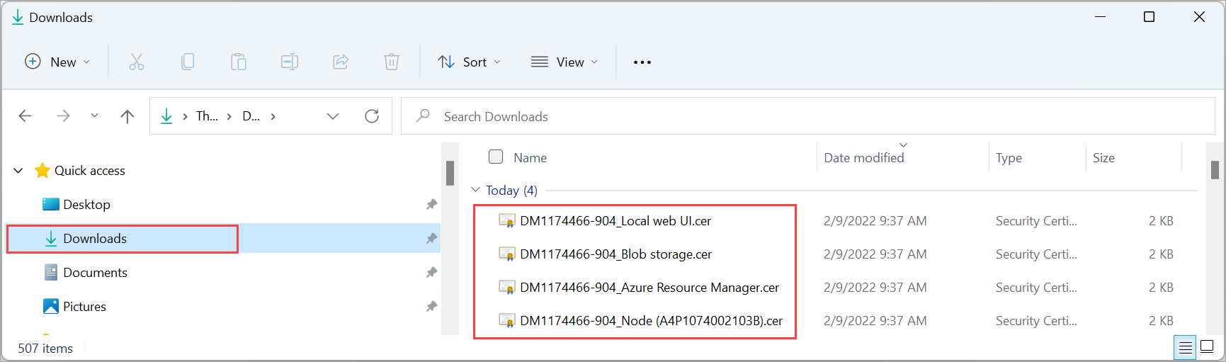 Screenshot showing downloaded certificates in Windows File Explorer. Certificates for an Azure Stack Edge device are highlighted.