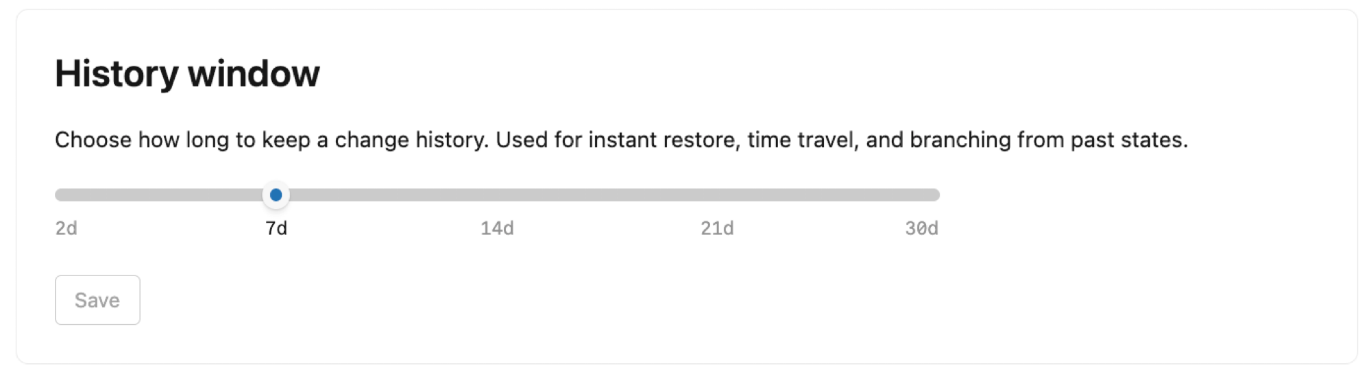History window settings in Lakebase project settings showing a slider to configure the restore window length from 2 days to 30 days.