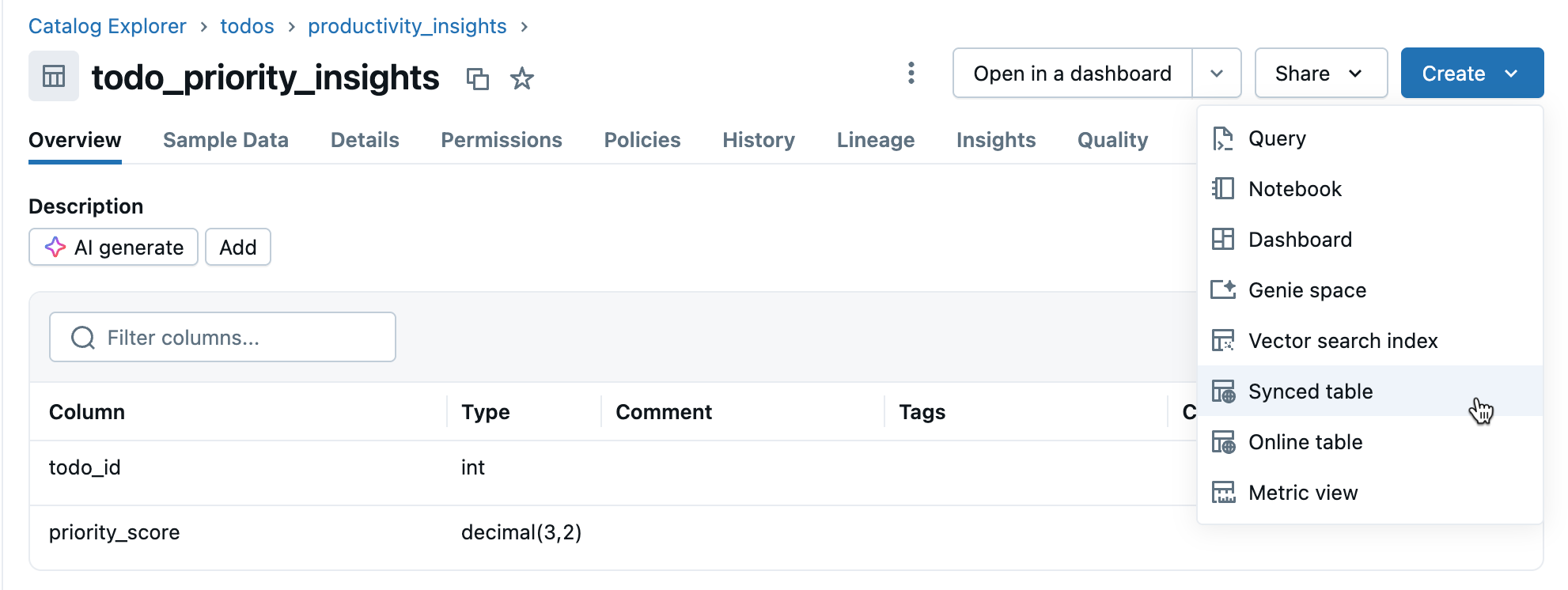 Create button dropdown showing Synced table option