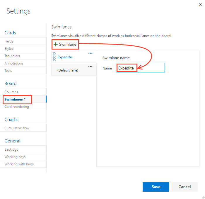 Screenshot showing board settings dialog, Add a swimlane.