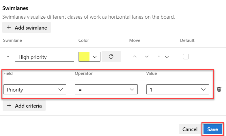 Screenshot showing field, operator, and value selections for swimlane rule.