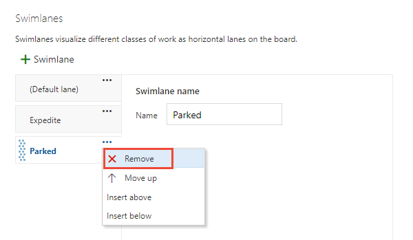 Screenshot showing board settings dialog, Remove a swimlane.