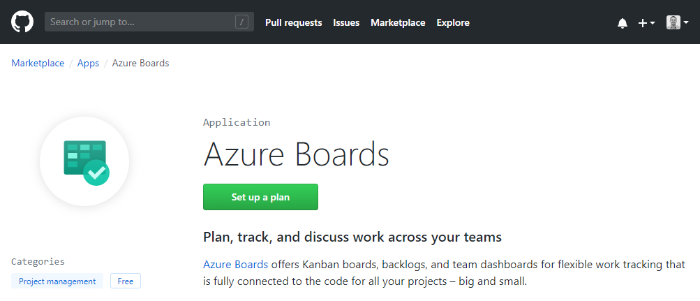 Screenshot of GitHub Marketplace, Set up a plan button.