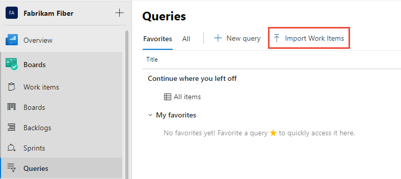 Screenshot showing Boards - Queries, Import Work Items 