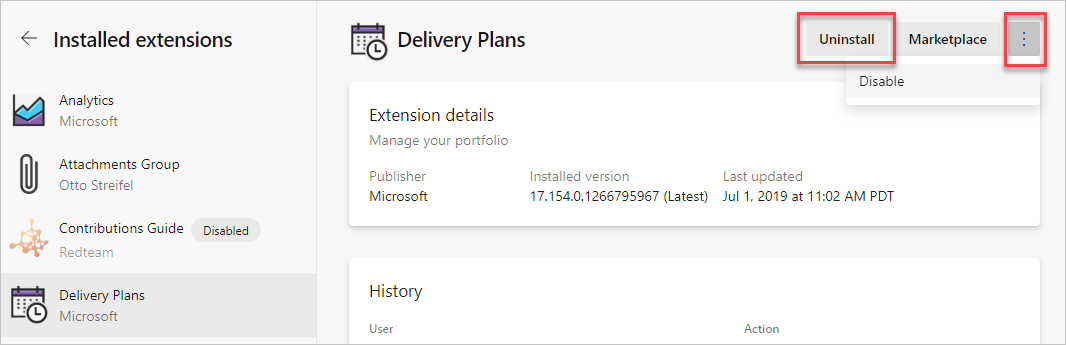 Screenshot showing Disable or uninstall extension actions.
