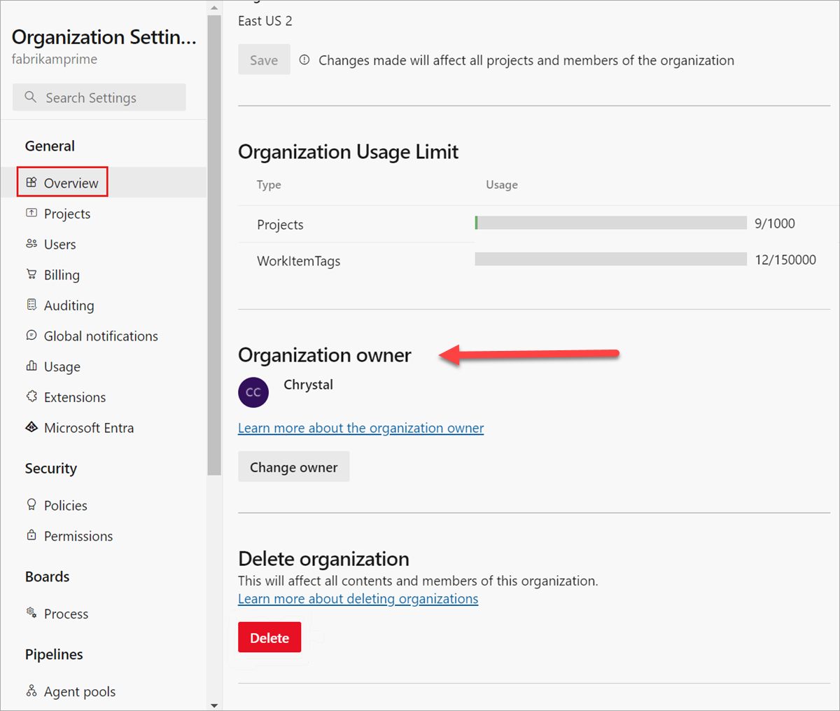 Screenshot of organization settings, with Overview and Delete highlighted