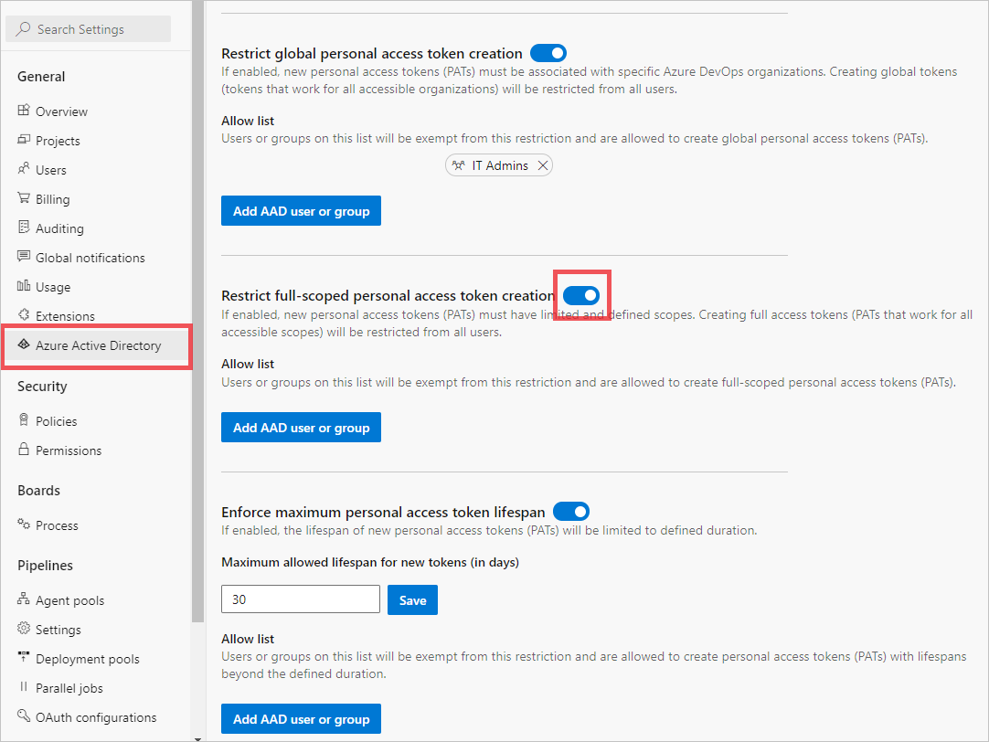 Screenshot of toggle moved to on position for the Restrict full-scoped PAT creation policy.