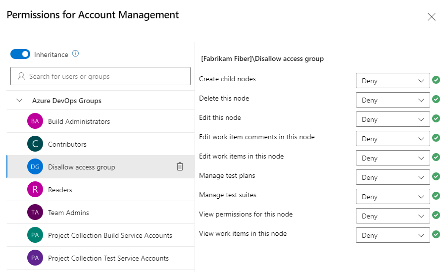 Screenshot of Area Path node Security, selected group, and setting Deny permissions. 