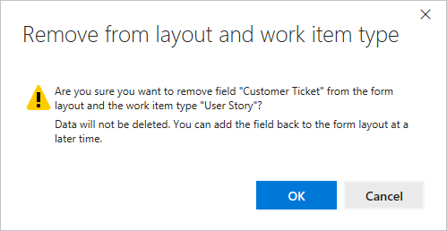 Confirm to remove field from the bug work item form