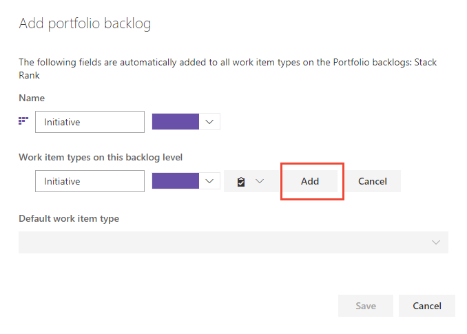 Screenshot showing Web portal, Add a portfolio backlog dialog, Add new work item type.