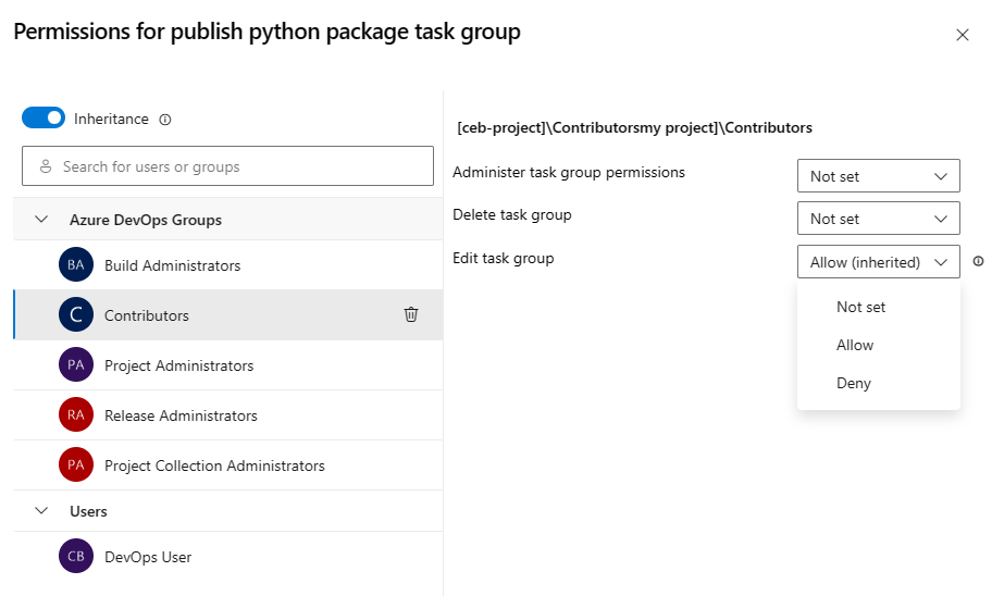 Screenshot of object-level task group security dialog.