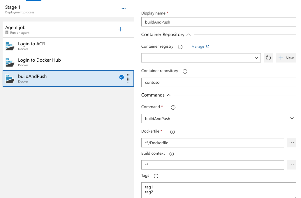 Screenshot of Classic pipeline with build and push to two Docker container registries.