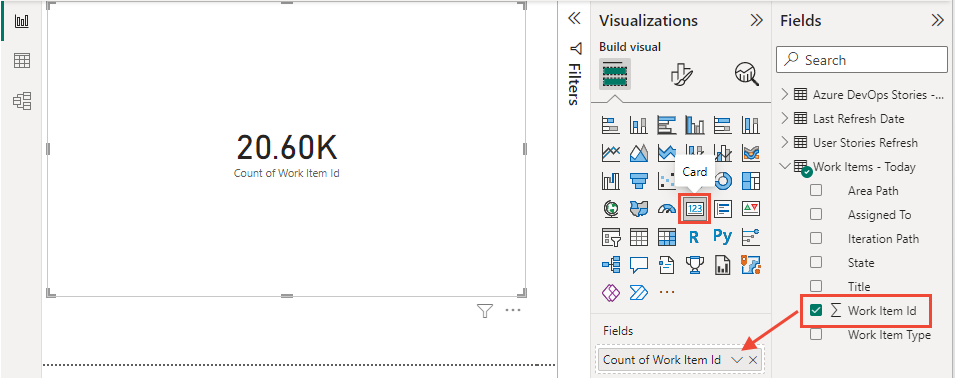 Screenshot of Power BI Visualizations, choose Card and add Work Item ID to Fields. 