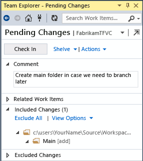 Screenshot that shows checking in the new folder.