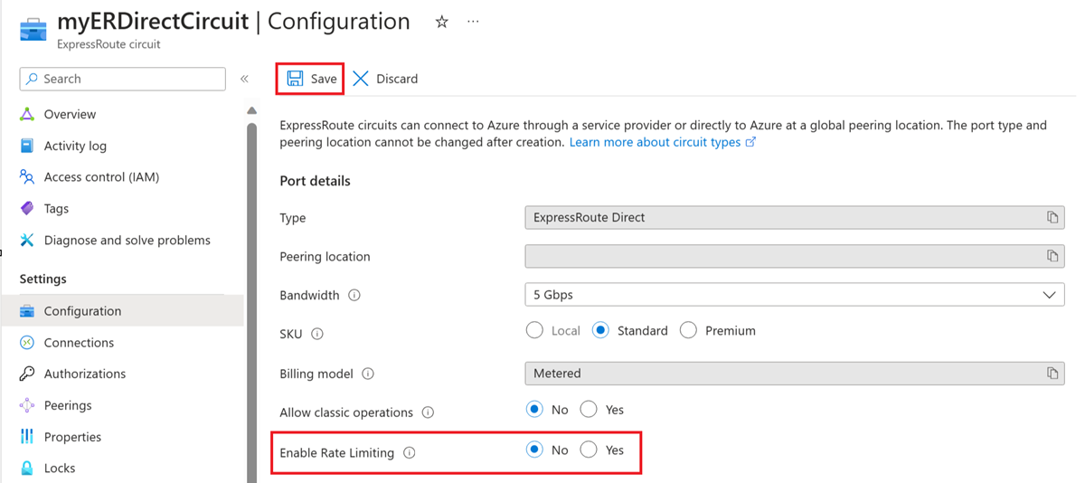 Screenshot of the configuration page for an ExpressRoute Direct circuit showing how to disable rate limiting.