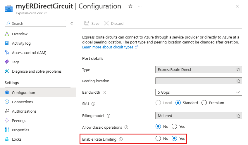 Screenshot of the configuration page for an ExpressRoute Direct circuit showing the rate limiting setting.