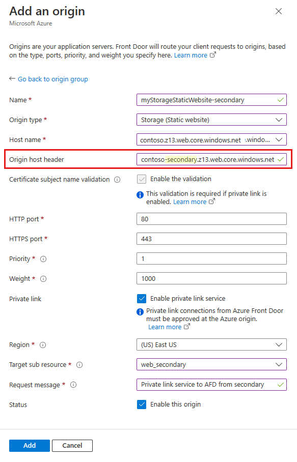 Screenshot of enabling private link to a storage static website secondary.