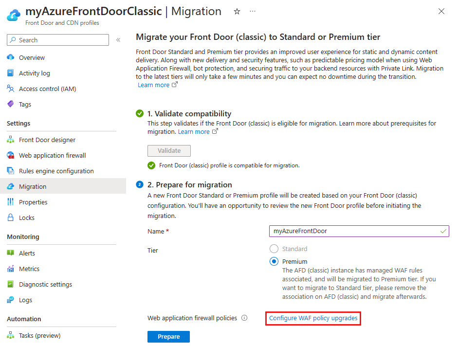 Screenshot of the configure WAF policy link during Front Door migration preparation.