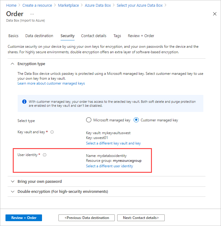 Screenshot of the Security tab for a Data Box import order. A selected User Identify is highlighted in the Encryption Type settings.