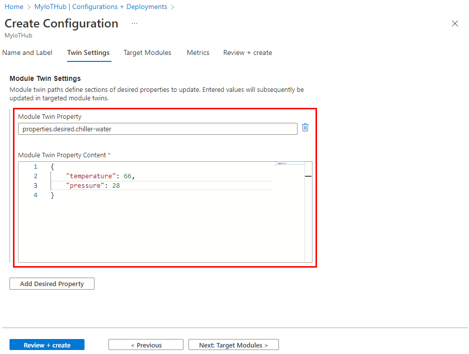 Screenshot of setting the device or module twin property and json content.