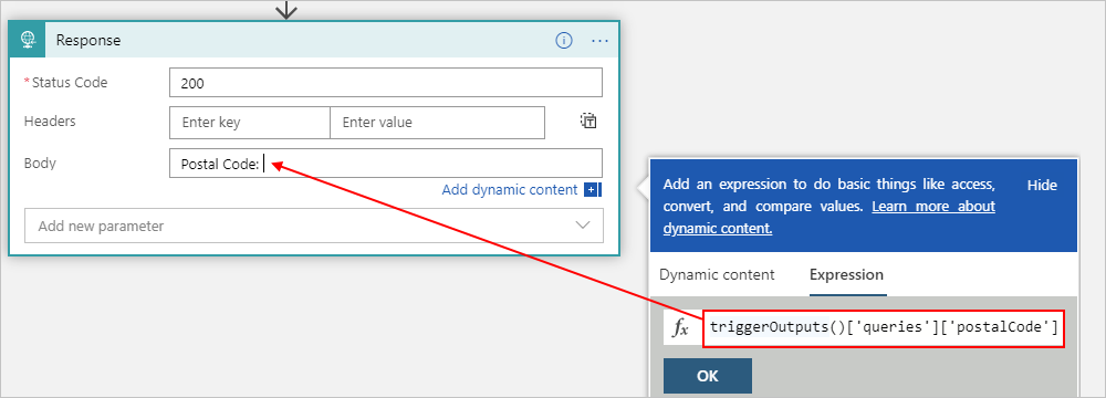 Screenshot shows Consumption workflow with Response action and example triggerOutputs() expression.