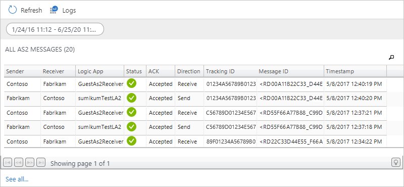 Screenshot shows statuses and details for AS2 messages.