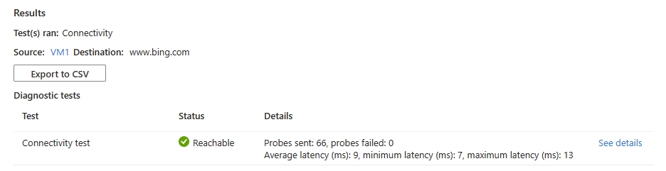 Screenshot that shows connection troubleshoot results after testing the connection with Microsoft Bing website.