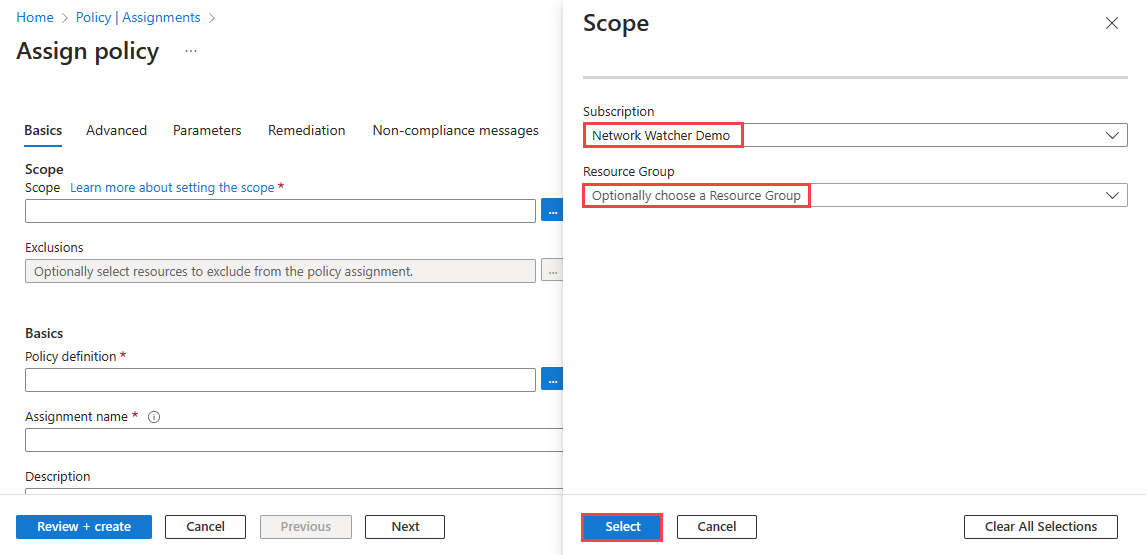 Screenshot of selecting the scope of the policy in the Azure portal.