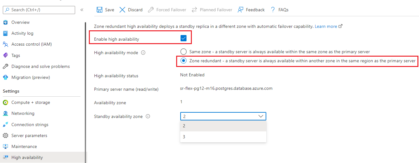 Screenshot to enable zone redundant high availability.