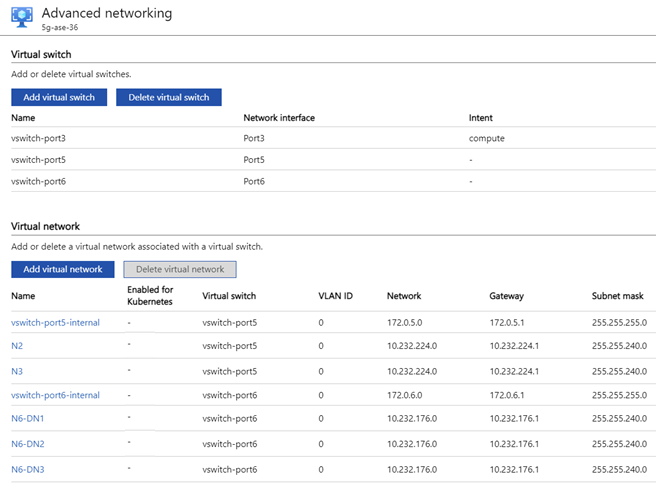 Screenshot showing Advanced networking, with a table of virtual switch information and a table of virtual network information.