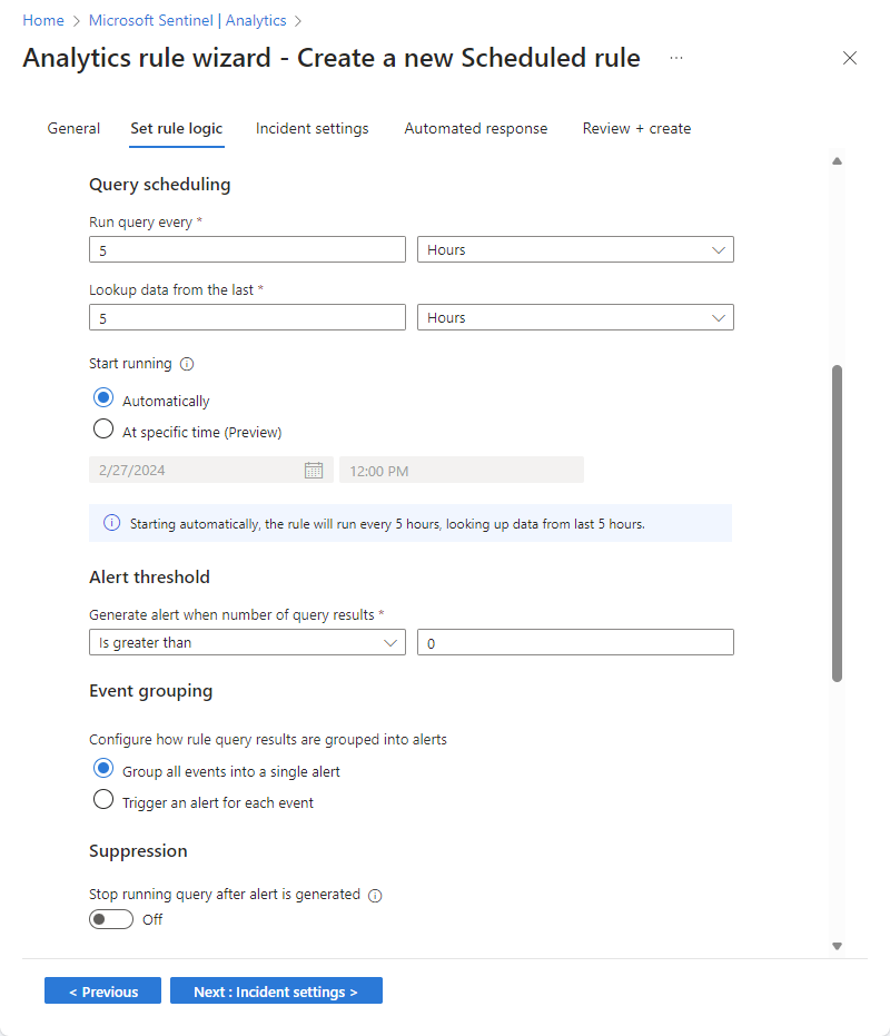 Screenshot of continuation of rule logic screen of analytics rule wizard in the Azure portal.