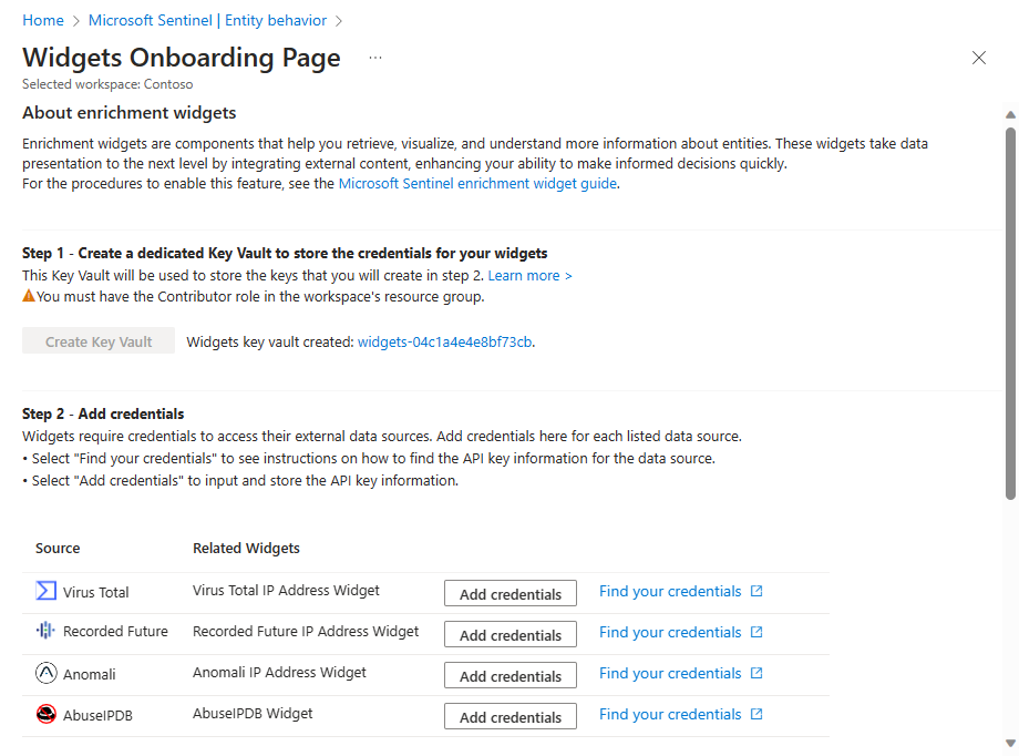 Screenshot of widget onboarding page instructions to add secrets to your key vault.