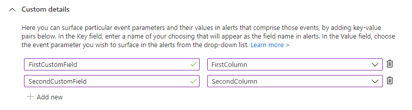 Screenshot of custom details defined in an analytics rule.