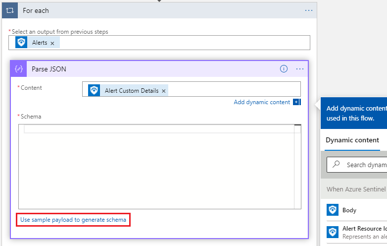 Screenshot of selecting the use sample payload to generate schema link from Dynamic content option.