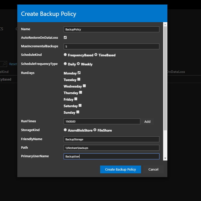 Create Backup Policy FileShare