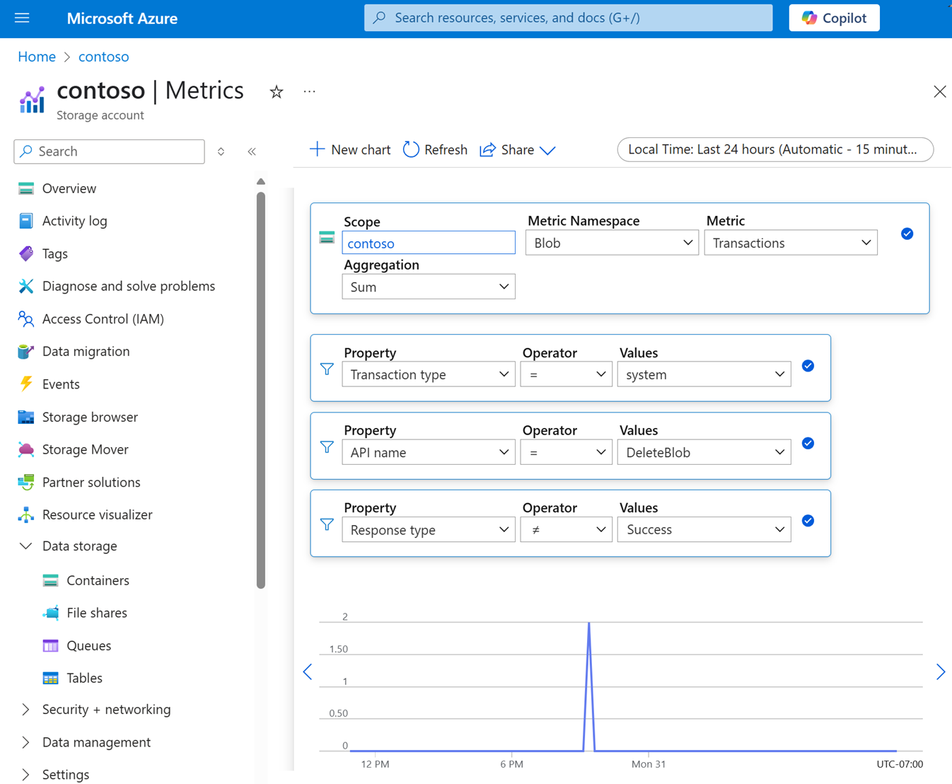 Screenshot showing metrics being applied to determine delete operations that failed.