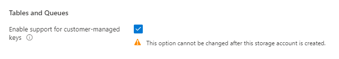 Screenshot showing how to enable customer-managed keys for queues and tables when creating a new account