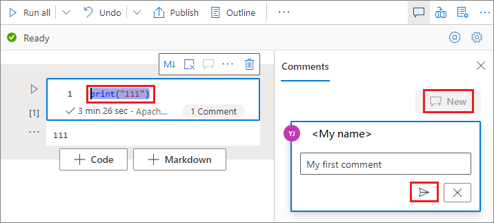 Screenshot of the box for entering a comment in a Synapse notebook.