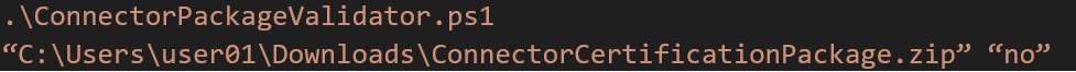 Screenshot of syntax to execute ConnectorPackageValidator.ps1.
