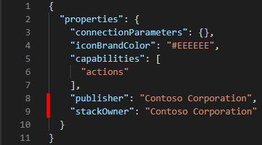 Screenshot showing publisher and stackOwner properties, which are available in Sample code snippets.