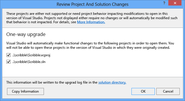 Review Project and Solution Changes Review Project and Solution Changes dialog.