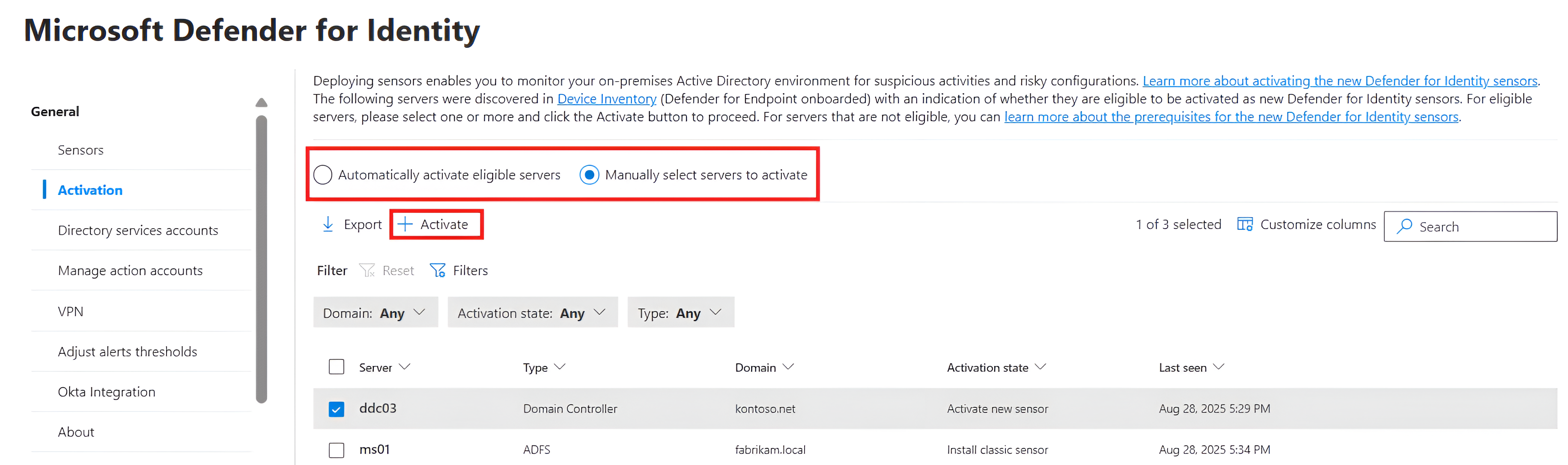 Screenshot of the Microsoft Defender portal Activation page listing servers and their activation states.